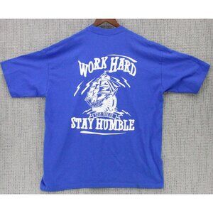 Vintage Pro Club Shirt Mens 2XL Blue Work Hard Stay Humble Pirate Boat Art Y2k